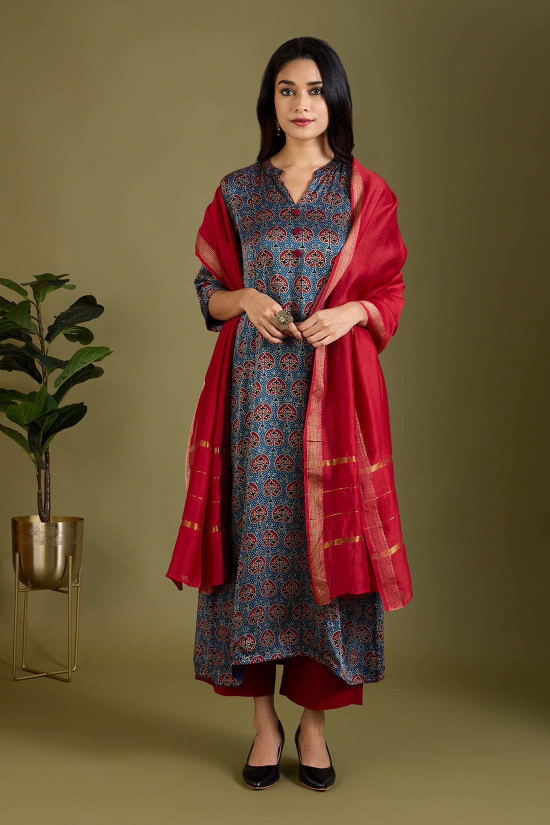 Indigo Orchard Luxe Ajrakh Long Yoke Modal Silk Panel Kurta