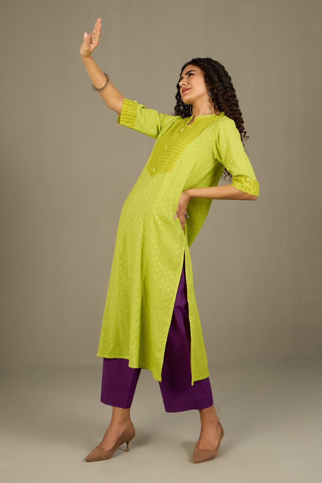 Lime Luster Stripes Long Panel Kurta