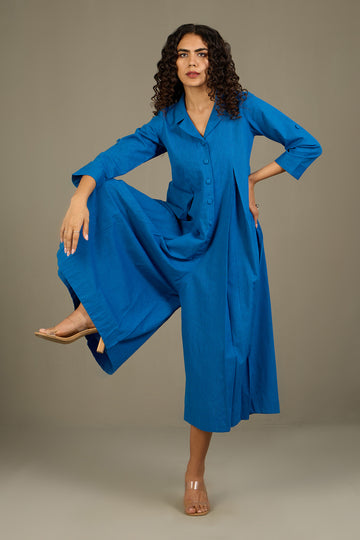 Azure Serenade Cotton Jumpsuit with Pockets & Collar