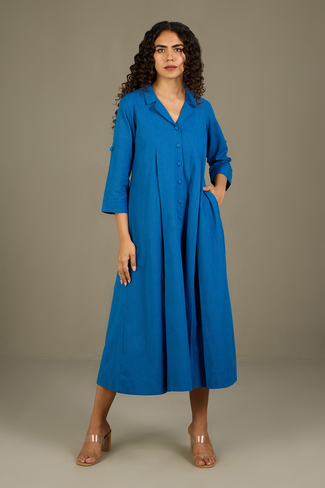 Azure Serenade Cotton Jumpsuit with Pockets & Collar