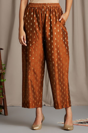 comfort fit cotton pants - earth brown & chanderi