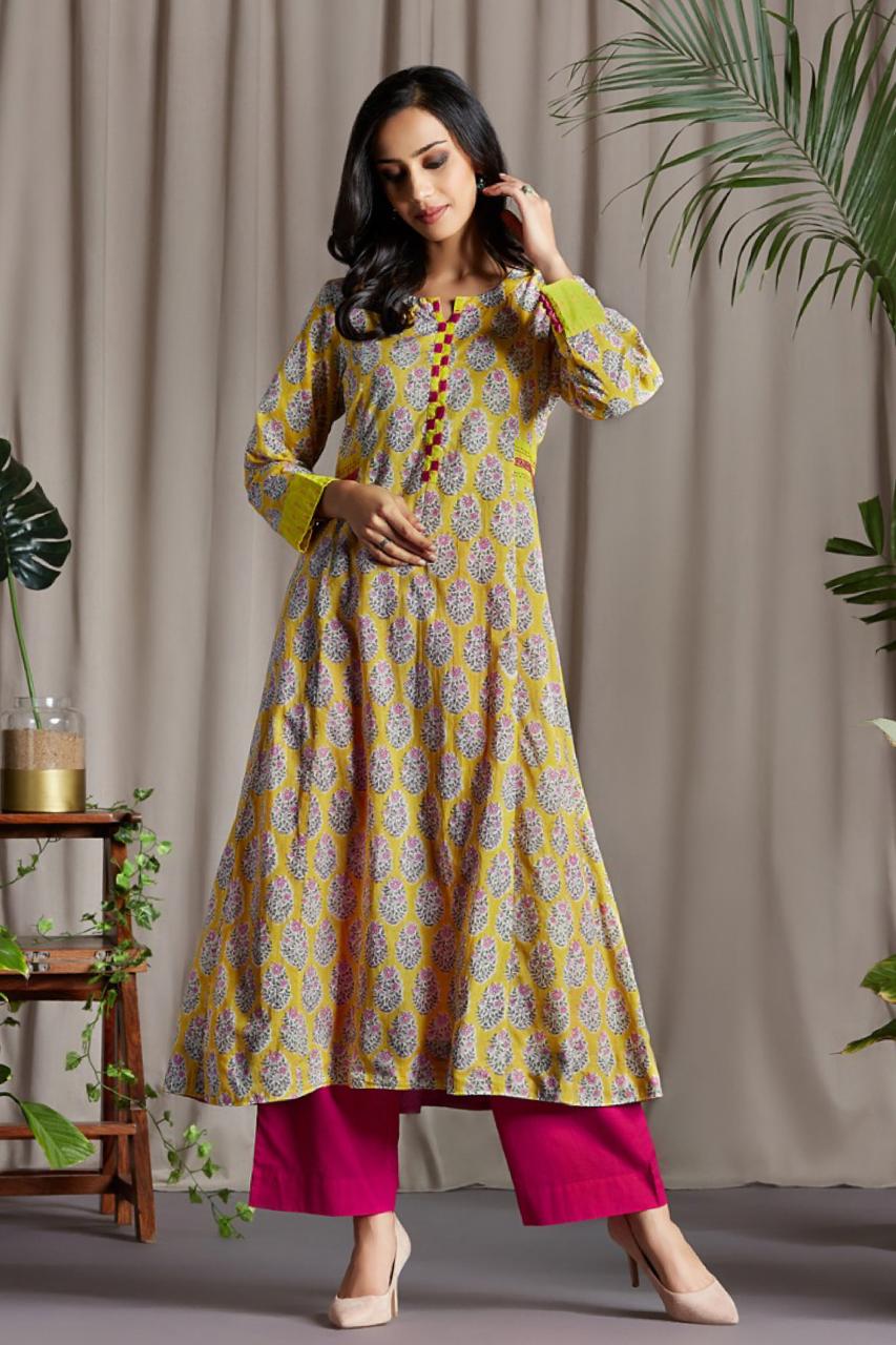 Bright Yellow Floral Buta Anarkali with Handloom Ikat Patti Side patti and Sleeve Cuff with Mashru Silk handmade Potli buttons and hand embroidery on Neck Patti and Side trims with Pink Mul Dupatta