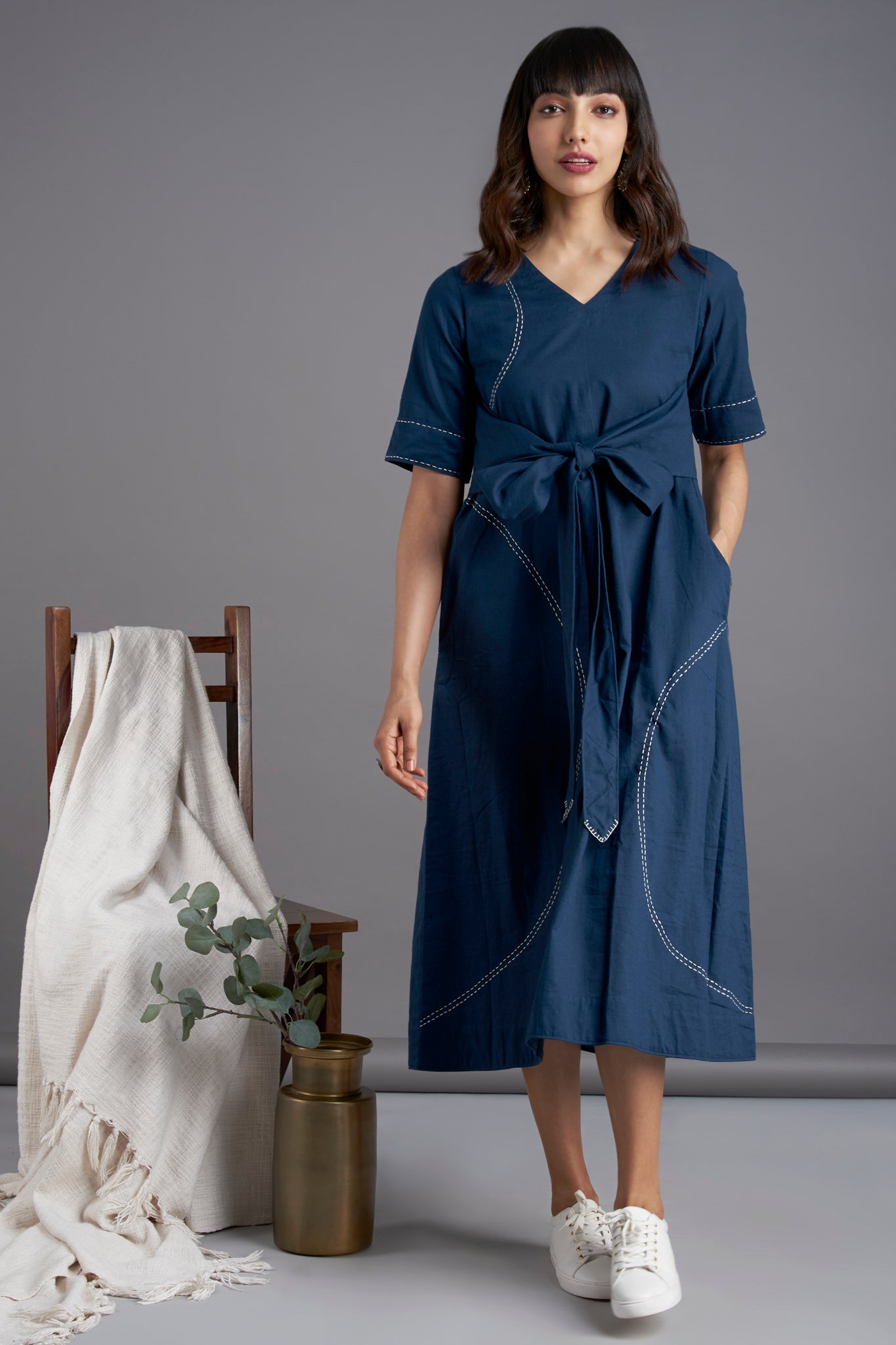 midi dress with belt - ceylon blue & cosmic light - maati crafts