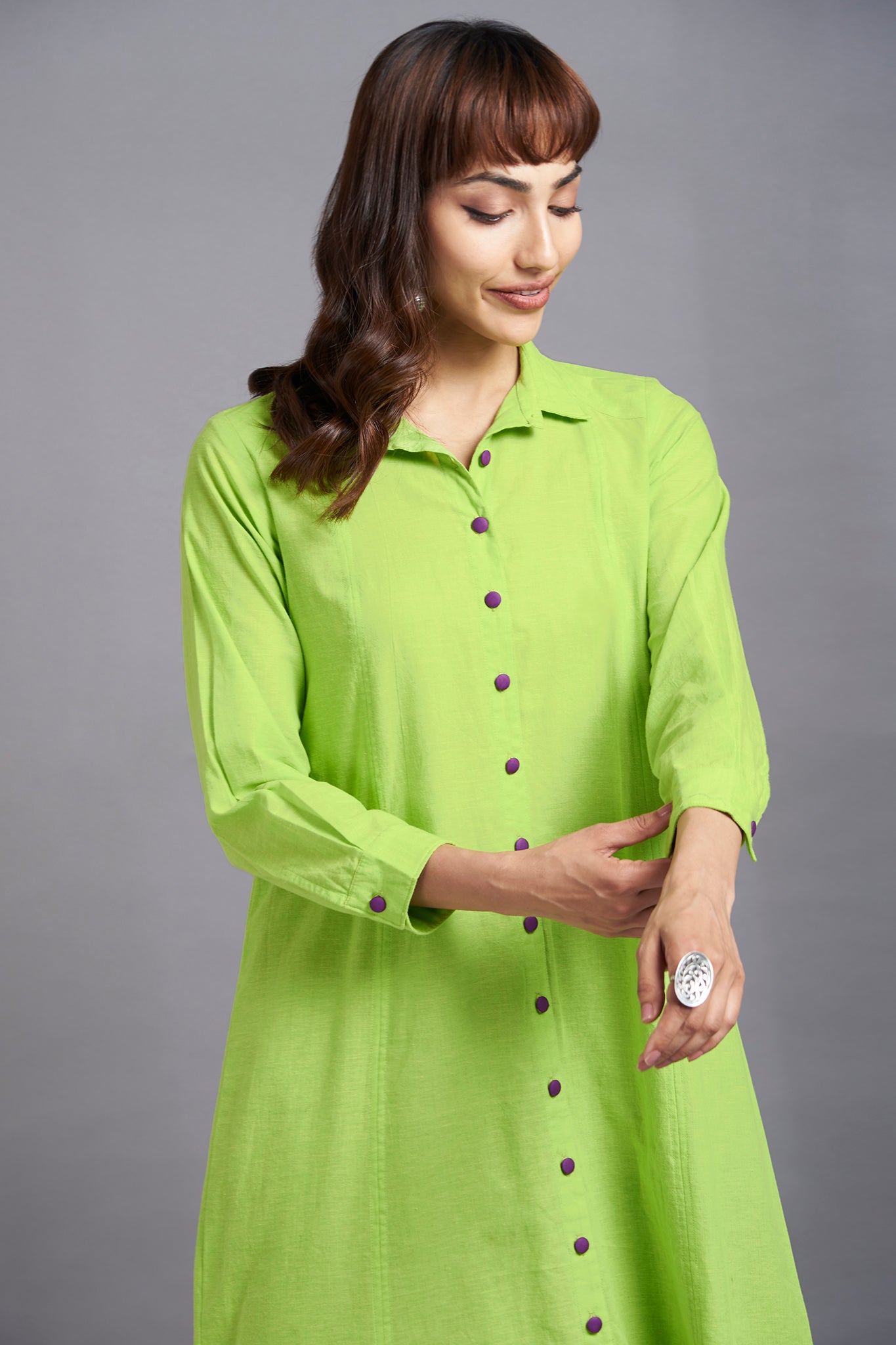 chartreuse lime long cotton shirt dress with front buttons