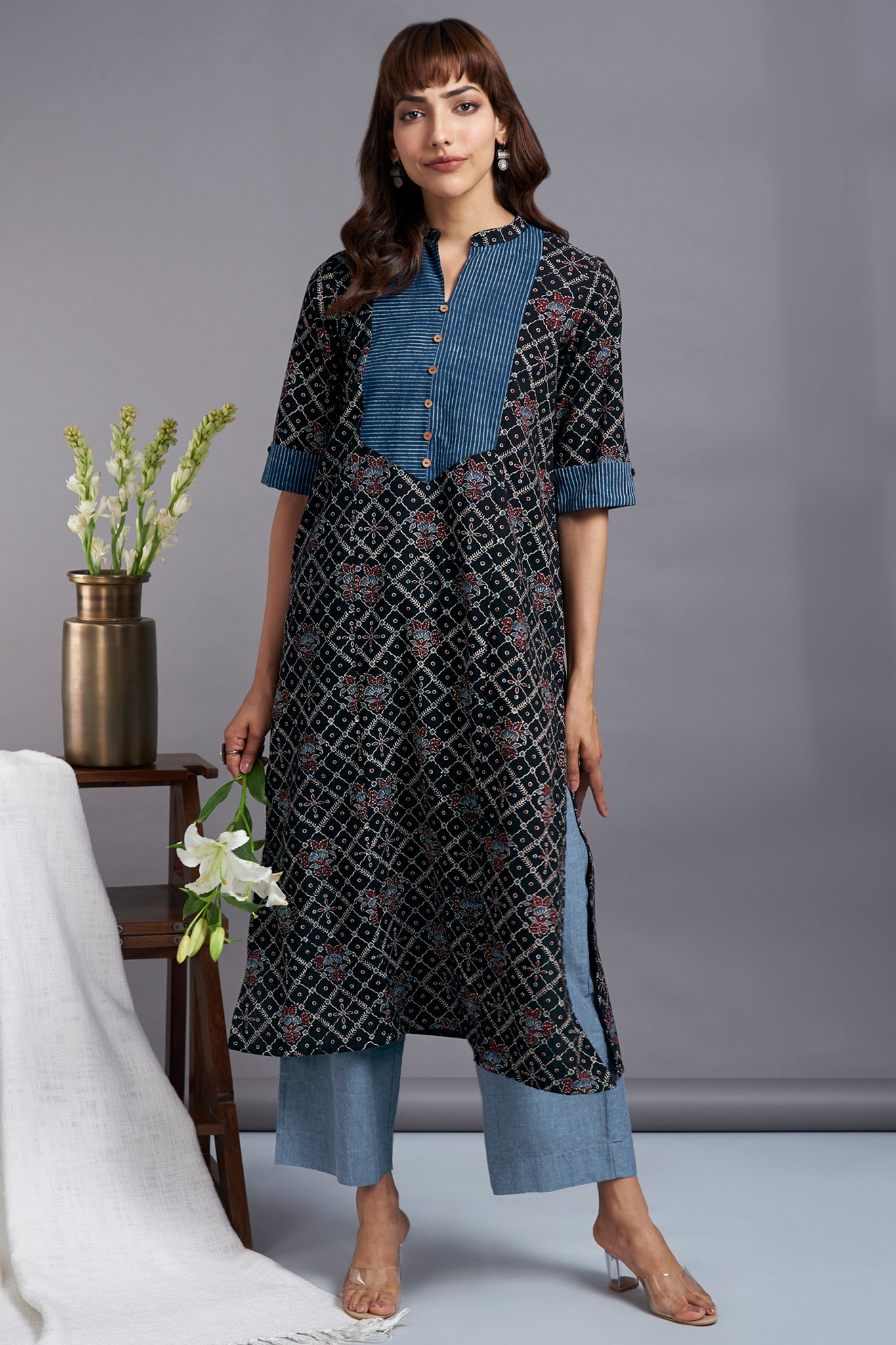 ebony ocean - alluring ajrakh long yoke panel kurta - maati crafts