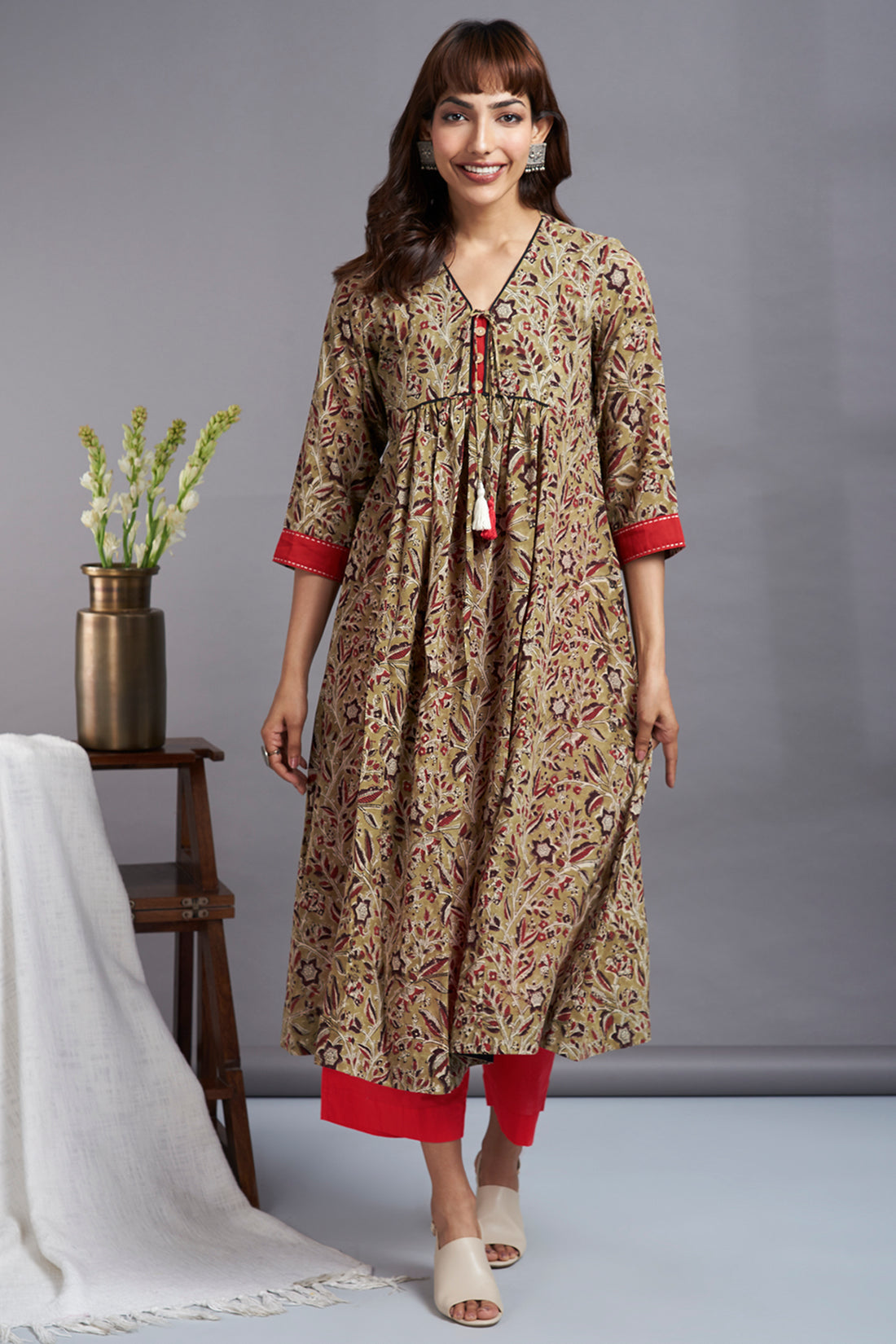 tie-up gather kali kurta - earthy green & charming wildflowers - maati ...