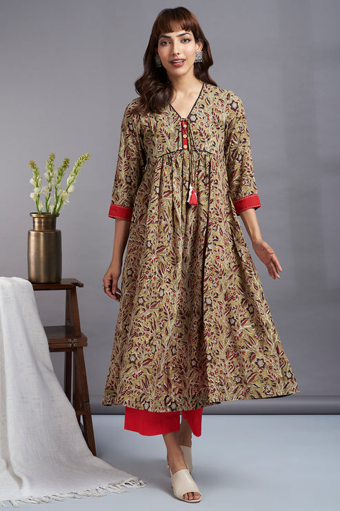 tie-up gather kali kurta - earthy green & charming wildflowers - maati ...