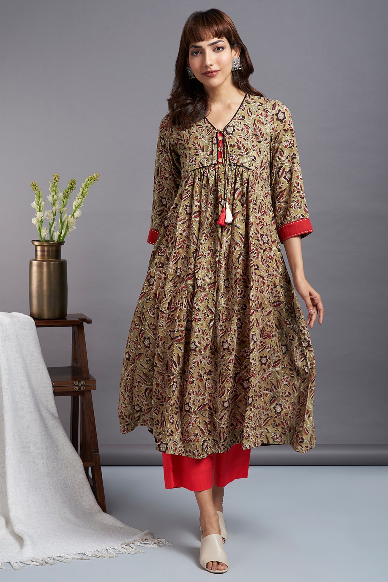 tie-up gather kali kurta - earthy green & charming wildflowers - maati ...