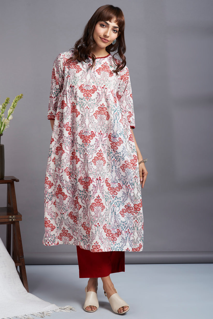 porcelain rose - side gather handblock printed a-line kurta with croch ...