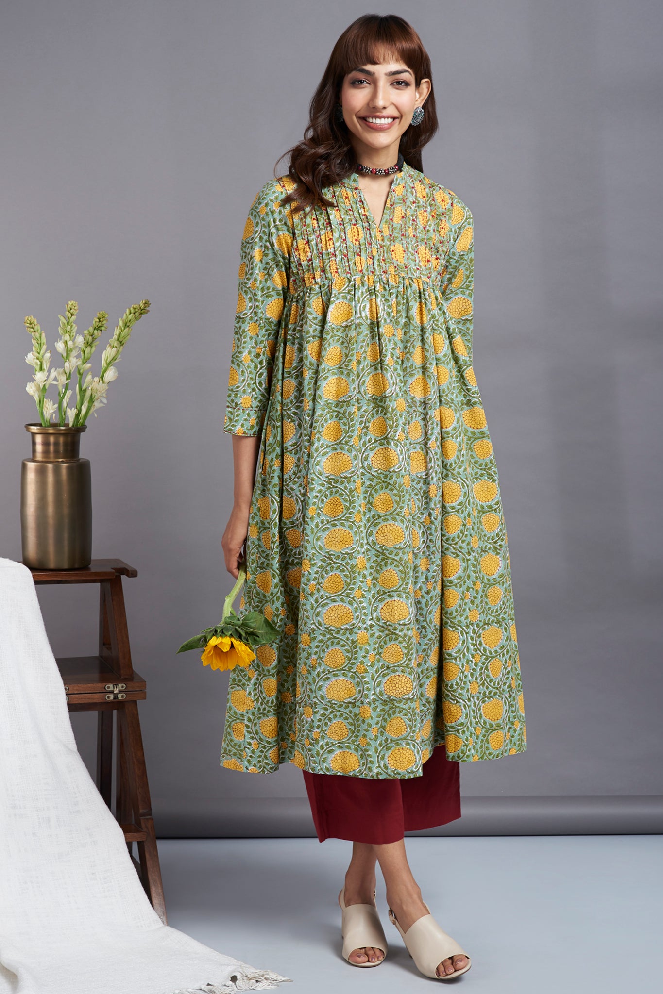 Herbs Green Floral Printed Summer Cotton Dress with Embroidery, Dresses, Green