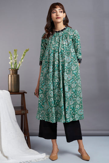 botanical twist - crew neck a-line gather dress - maati crafts