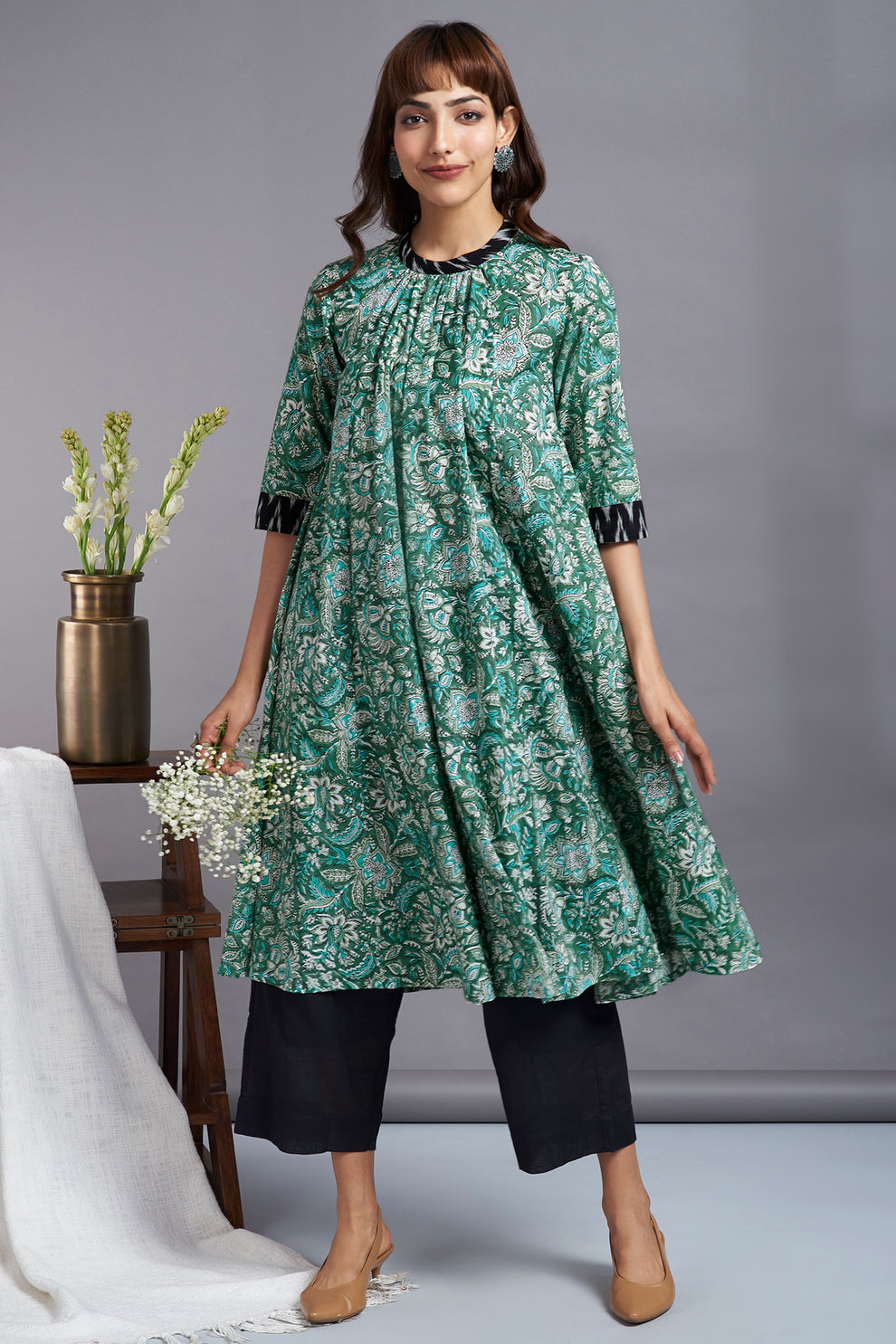 botanical twist - crew neck a-line gather dress - maati crafts