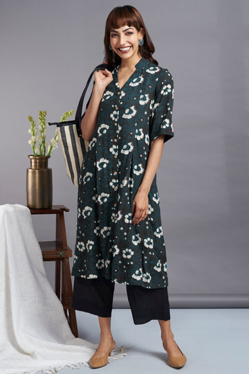 button down v-neck kurta - indigo medley & persian garden