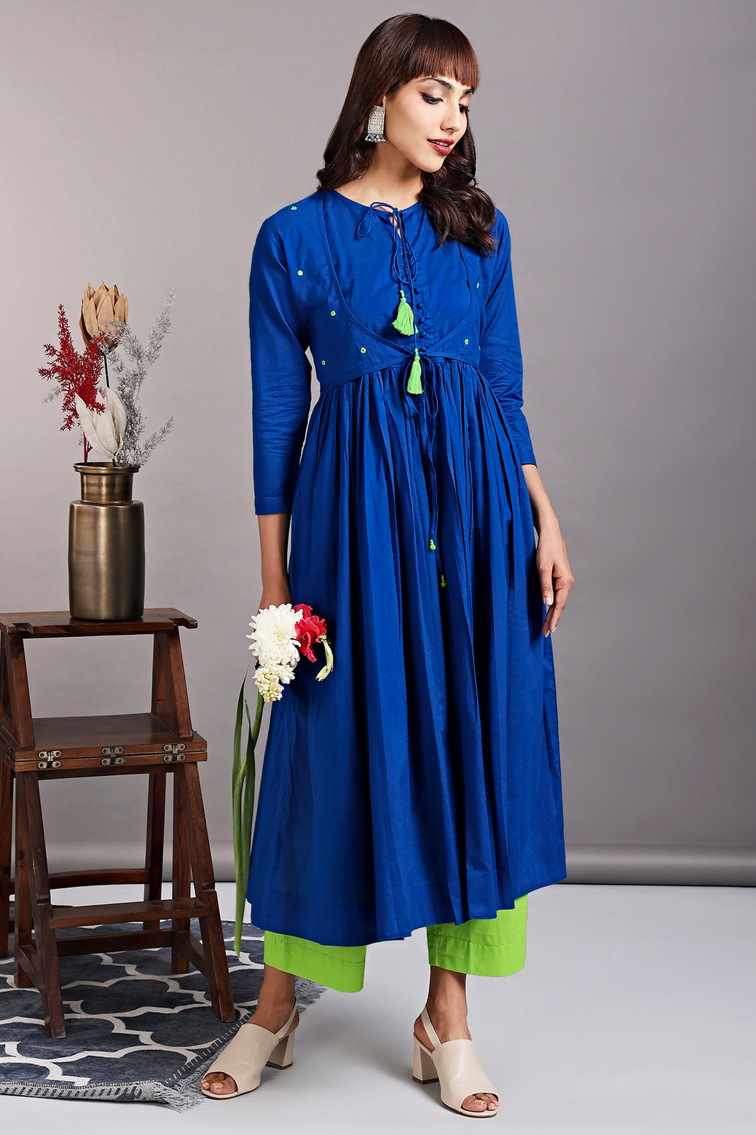 mughal anarkali with tie up jacket and gathers - sapphire blue & shimmering green