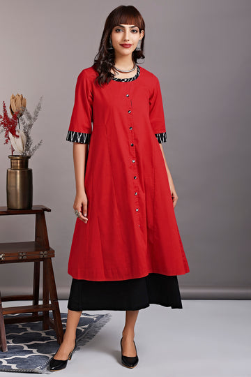 side panel a-line button down kurta - amaryllis crimson & raven drops