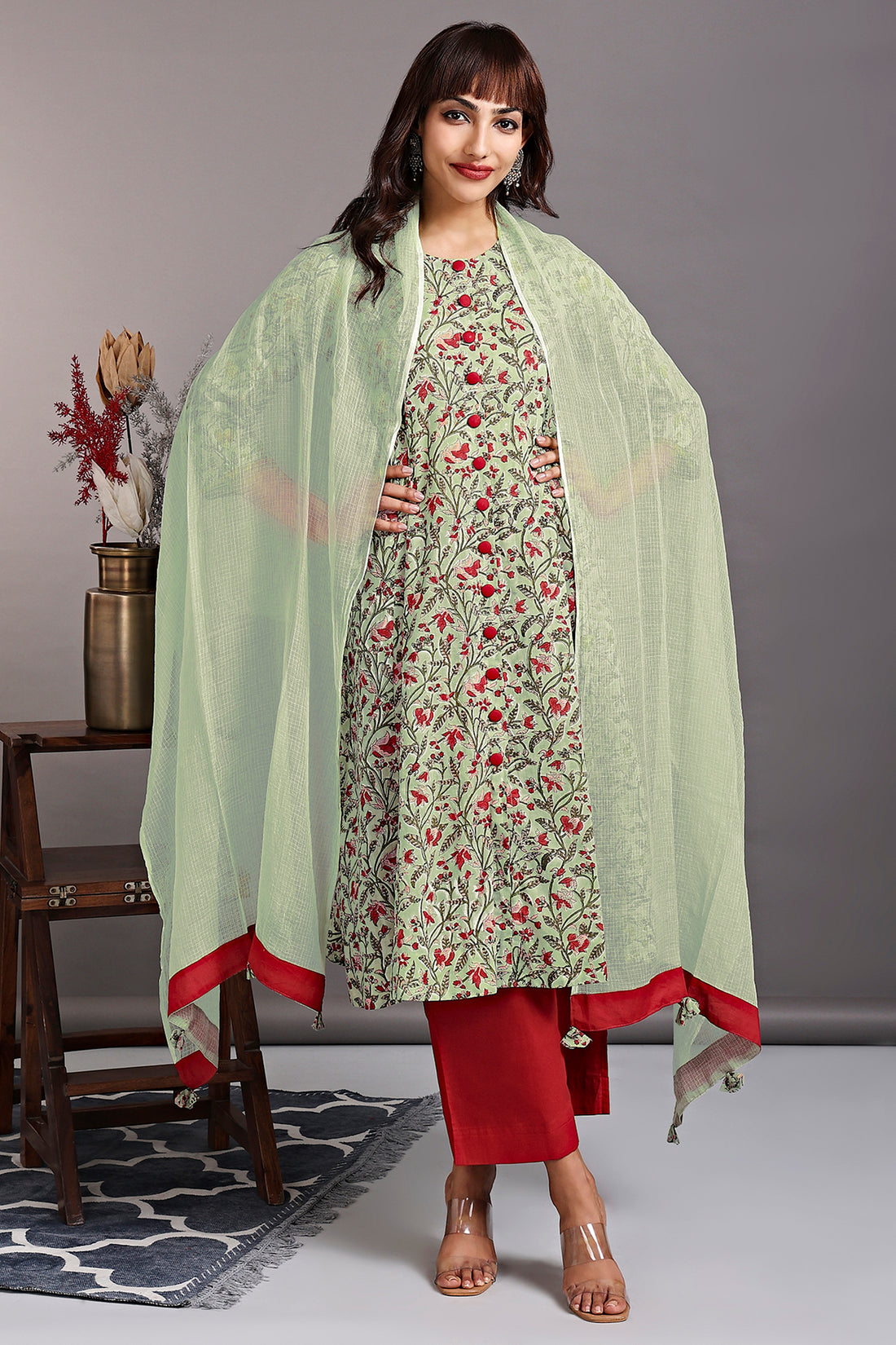 a-line button down kurta - refreshing mint & painter's palette