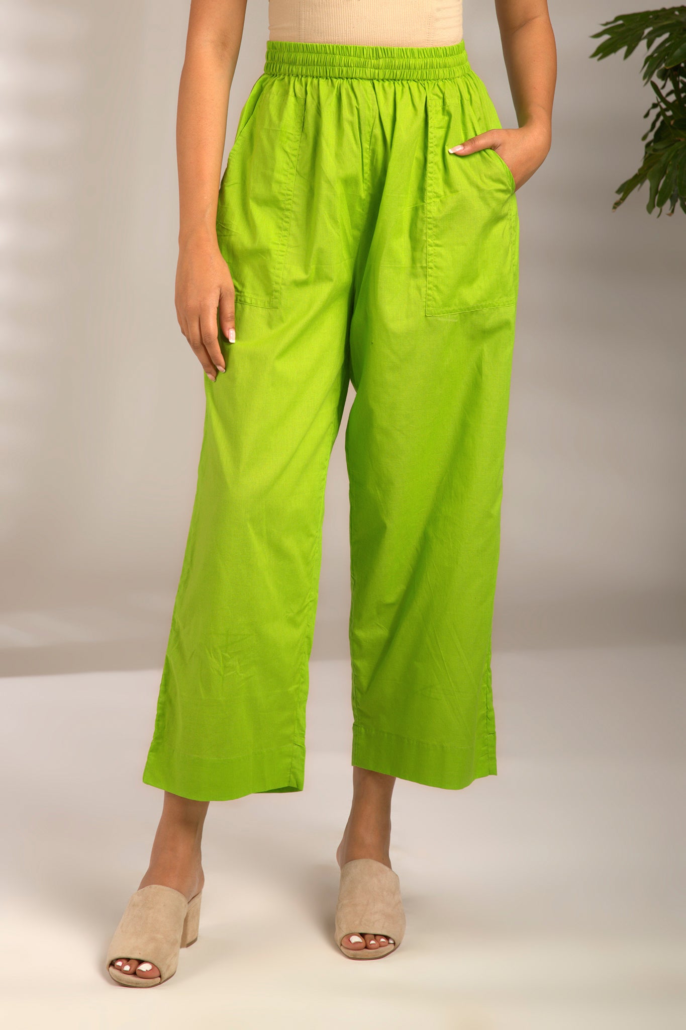 Buy Femea Women Lime Green Solid Wide Leg Track Pants online