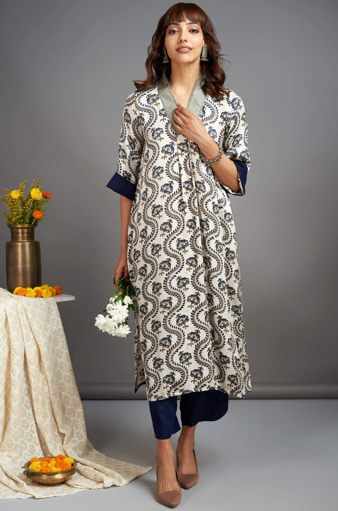 modal silk v-neck kurta with side slit - eucalyptus wreath & october mist