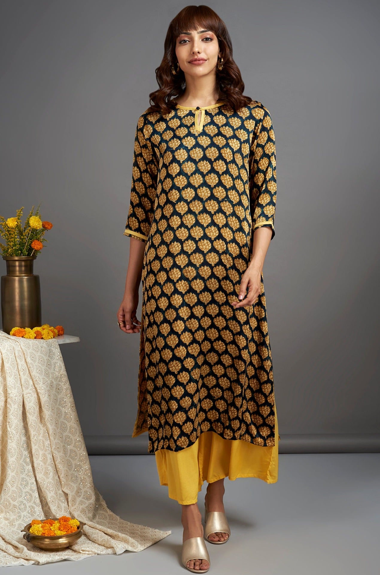 Buy indigo modal silk long kurta for woman with slit - maati crafts