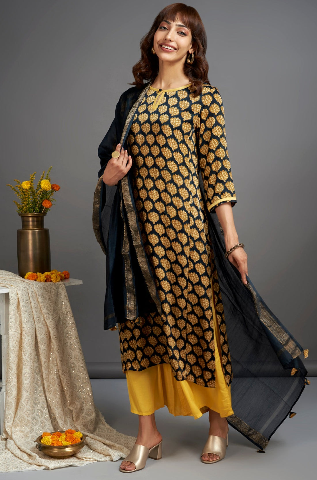 gold leaves print modal silk long kurta with slit