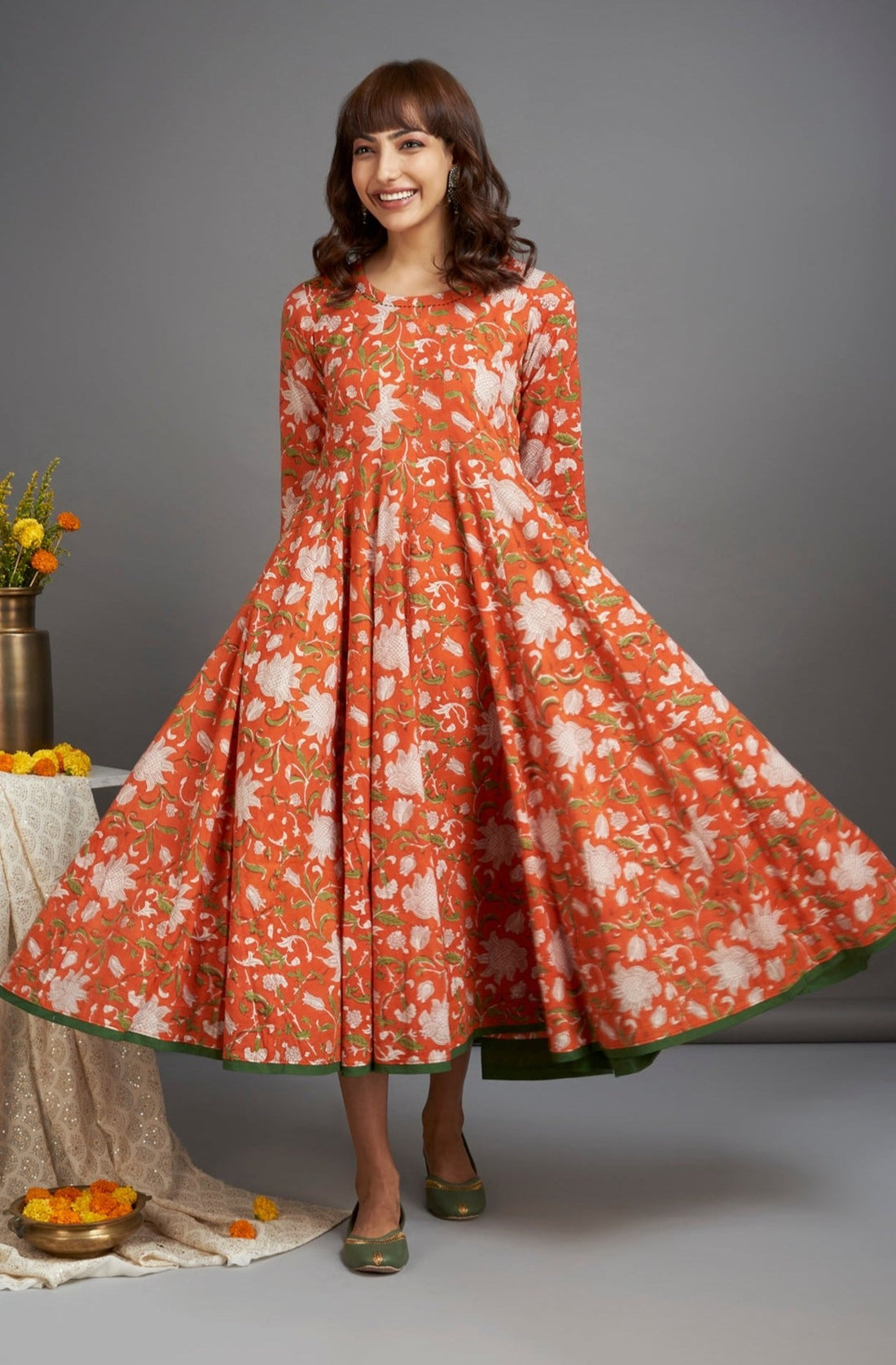 swirl dress - zinnia orange & calico chintz