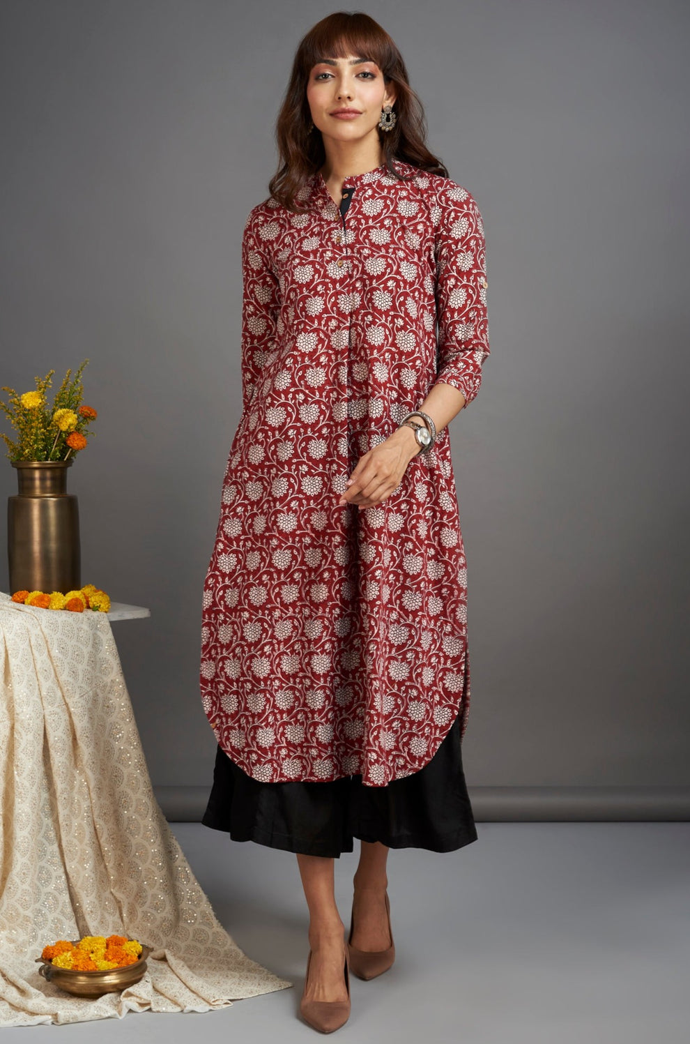 stand collar kurta with round hem - garnet glory & delicate motif ...