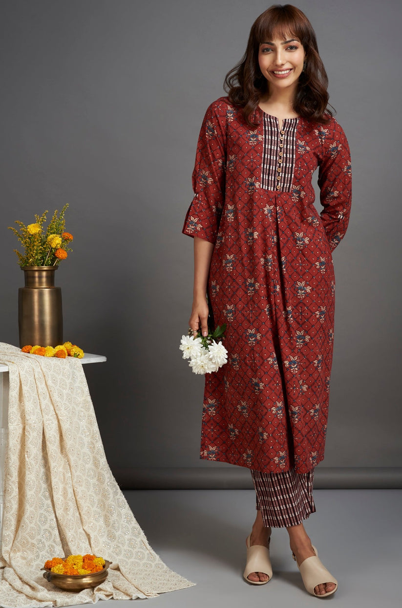 box pleat a-line kurta - mystique maroon & magic spell - maati crafts