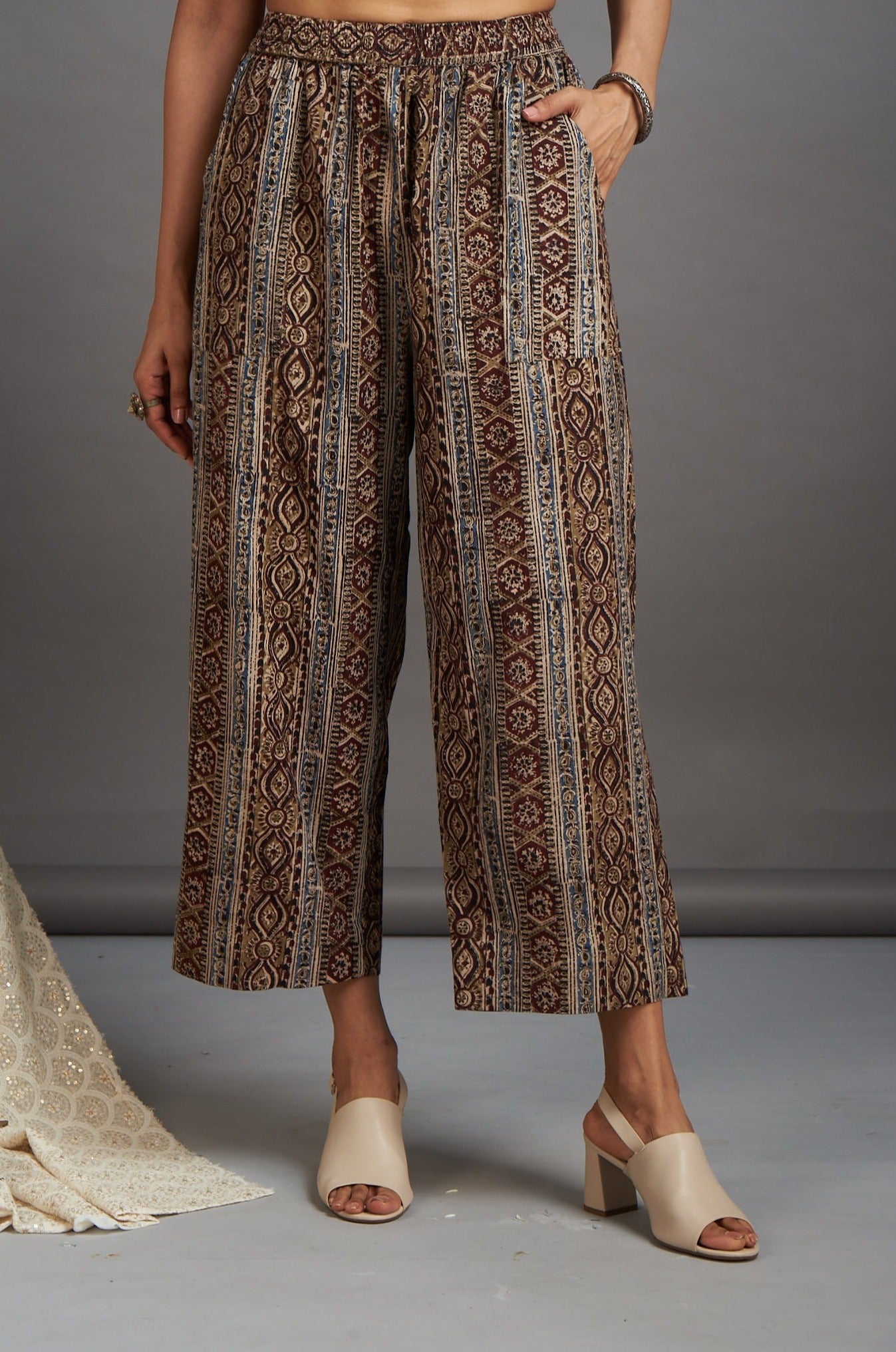 comfort fit cotton printed pants - brown kalamkari lines - maati crafts