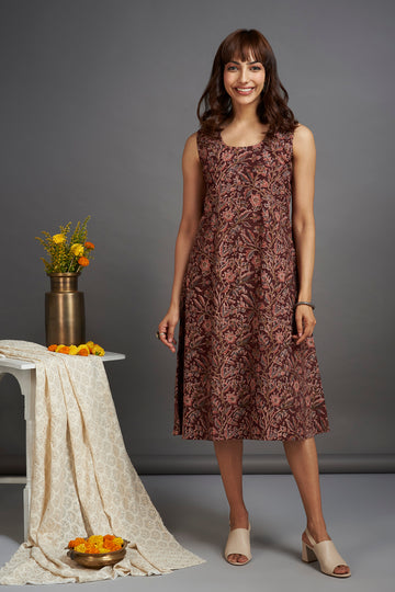 sleeveless dress - brown & floral jaal
