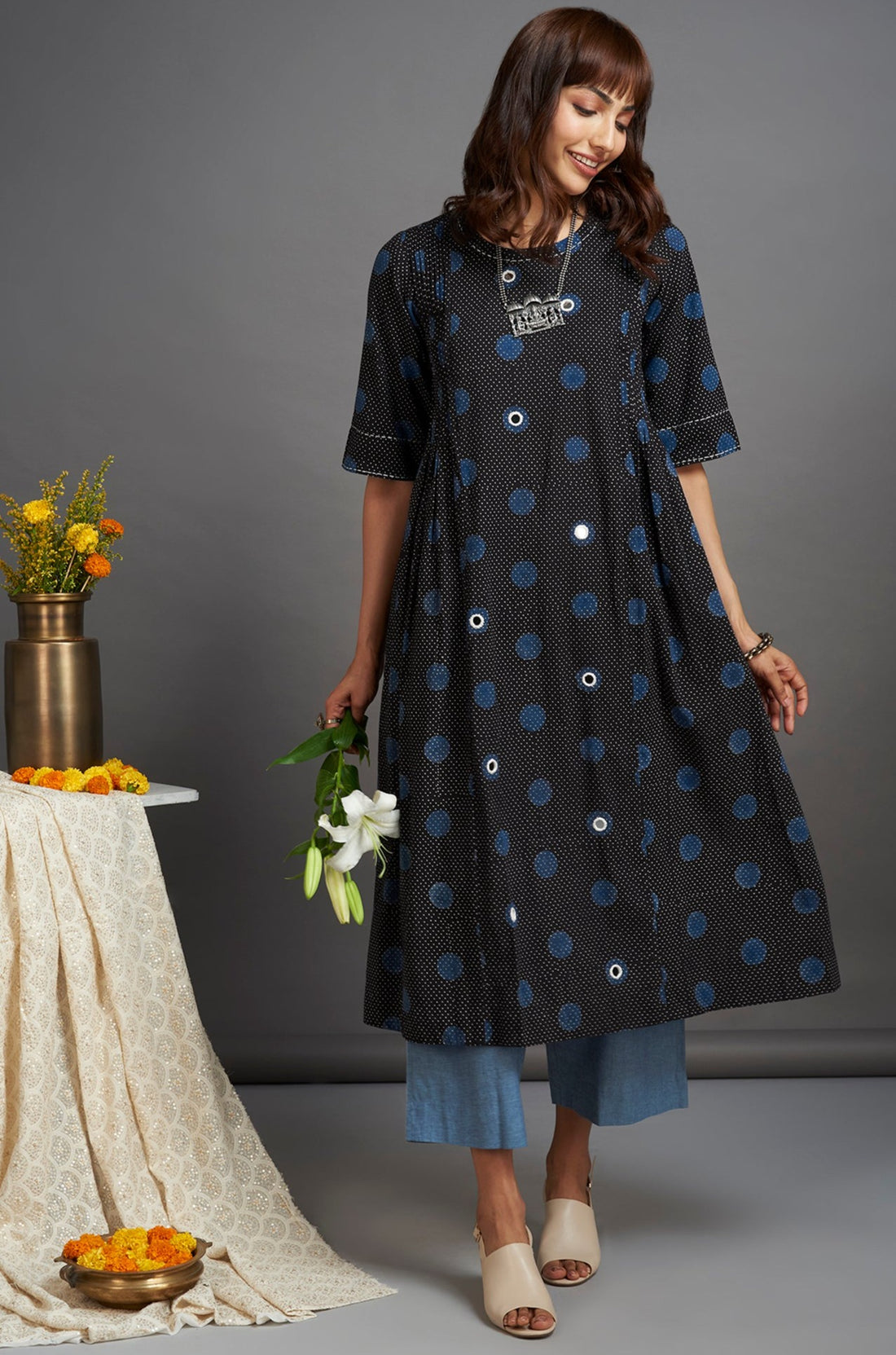 pintuck a-line kurta - stellar sky & polka dots