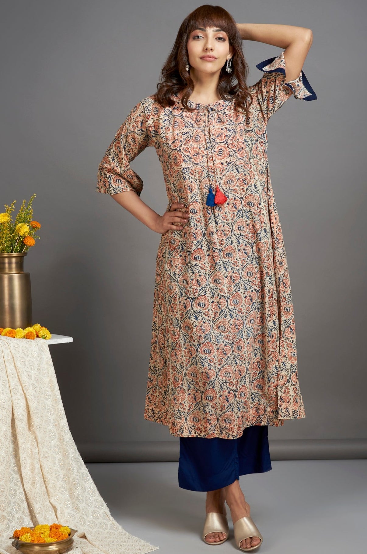 modal kalidar kurta with dori - peach bellini & cinder rose - maati crafts