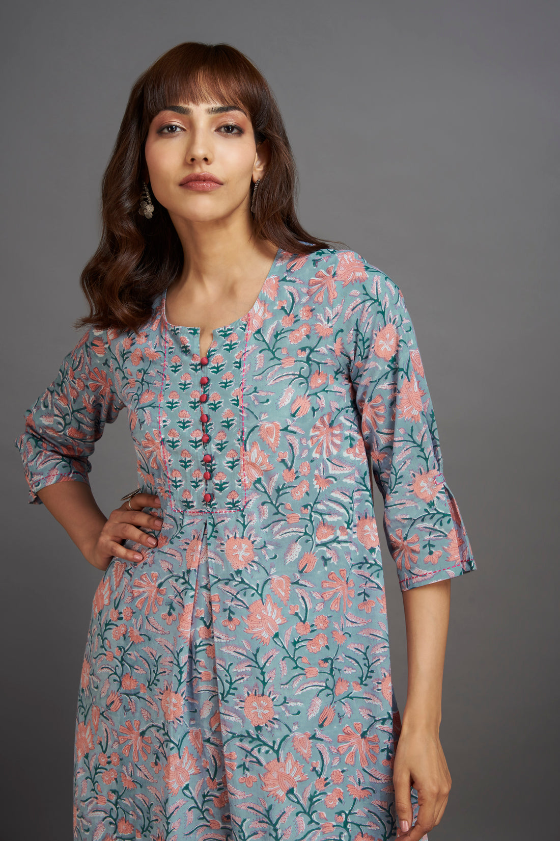 box pleat a-line kurta - moonshine grey & bouquet of flowers