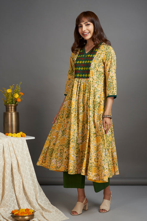 v-neck yoke anarkali - illuminating yellow & herb garden - maati crafts