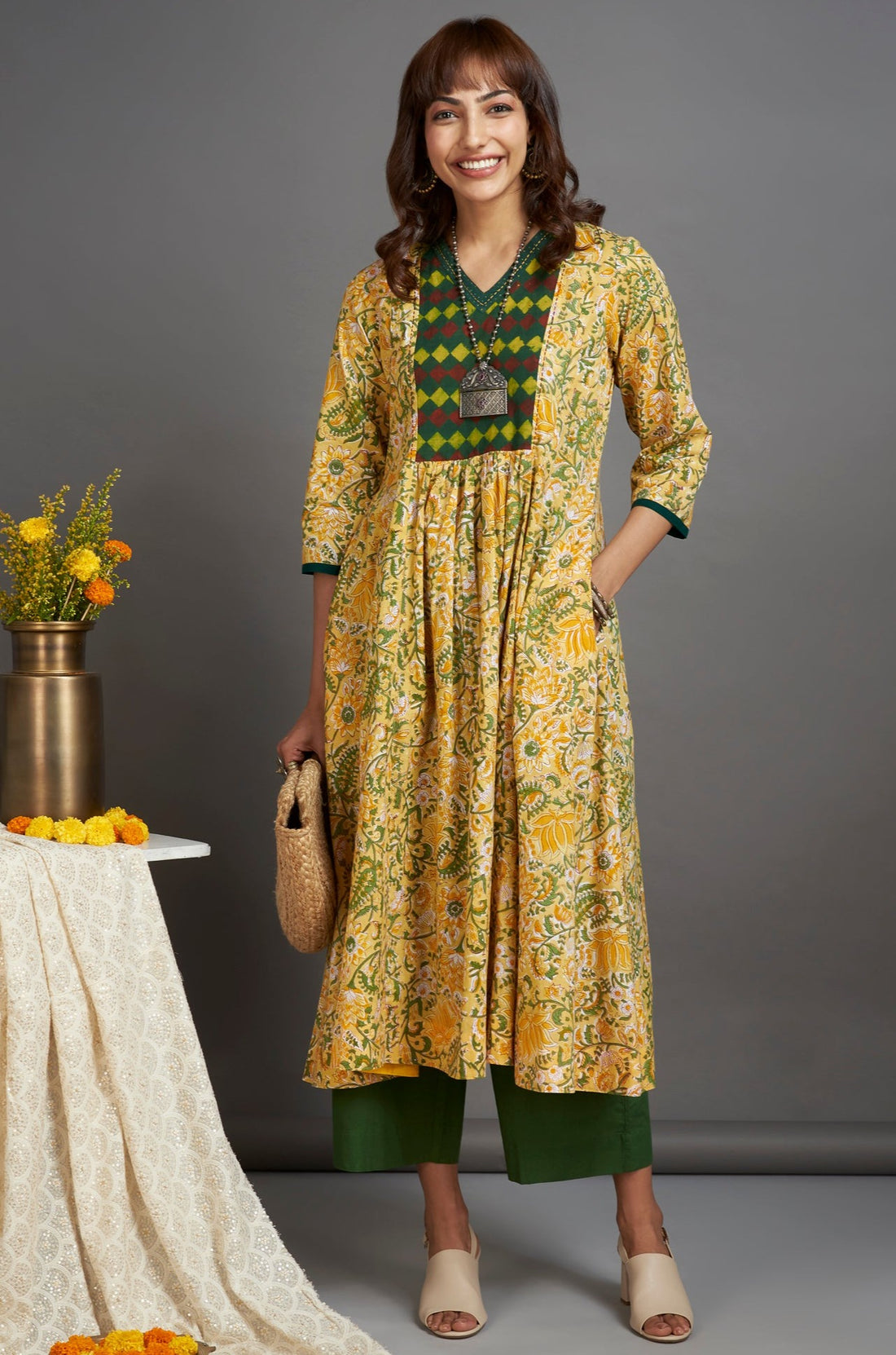 v-neck yoke anarkali - illuminating yellow & herb garden - maati crafts