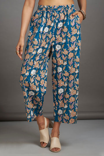 comfort fit cotton pants - blue beige printed flowers