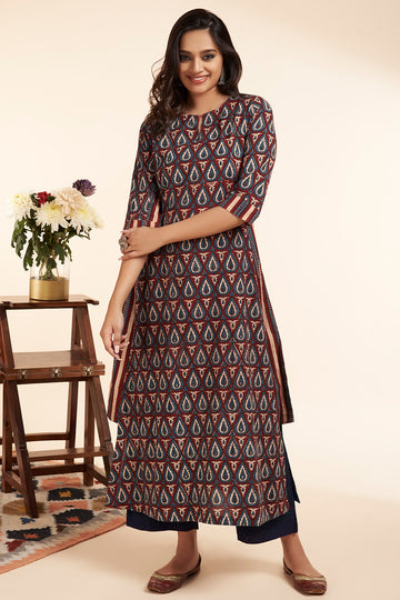 kurta with a side twist - venetian red & mughal motif