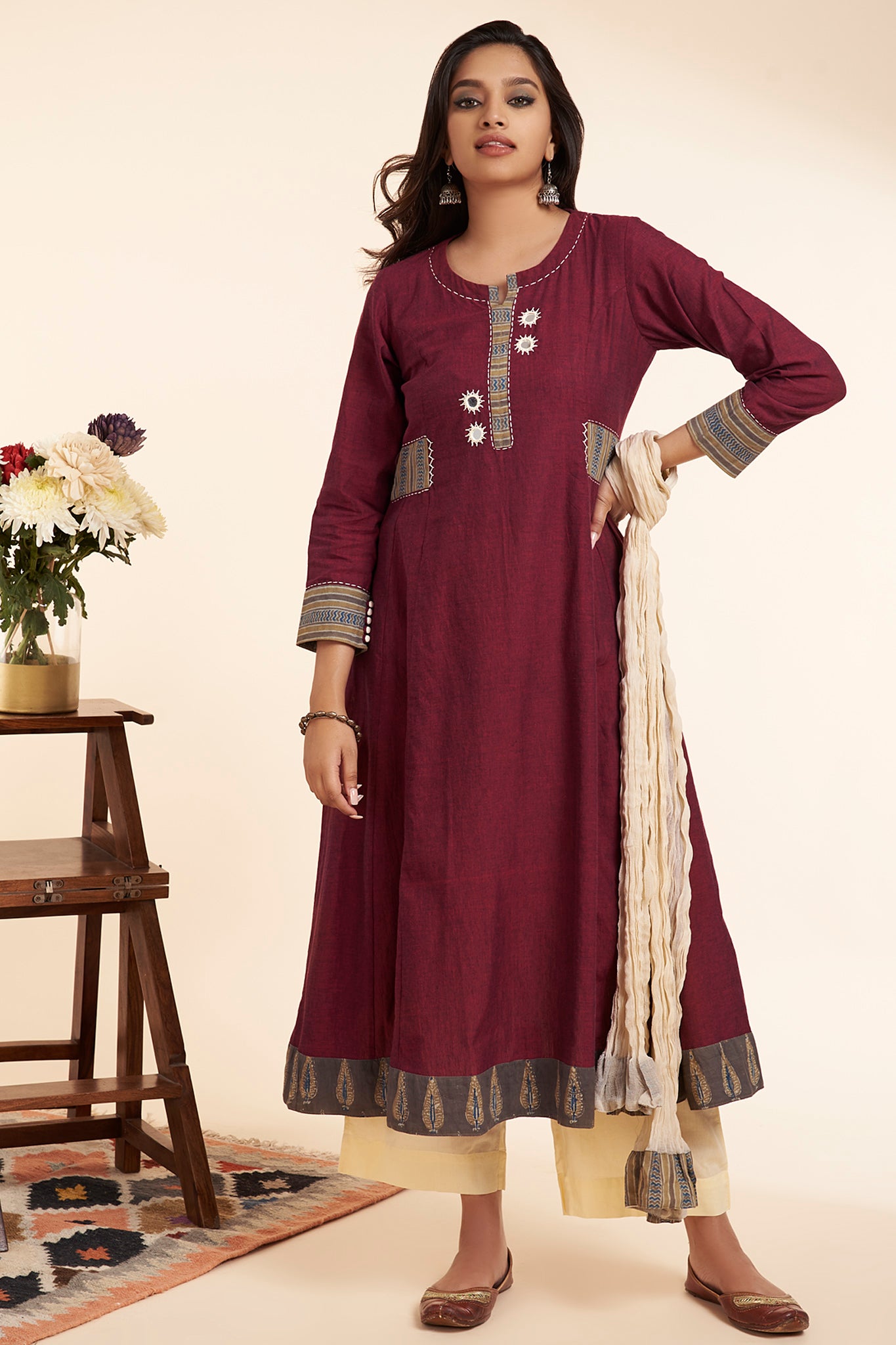 anarkali with side details - modern auburn & blooming meadows