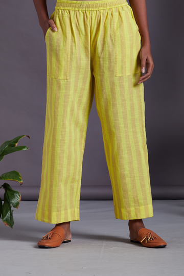 ELASTICATED MANGALGIRI PANTS - lime yellow & brown lines